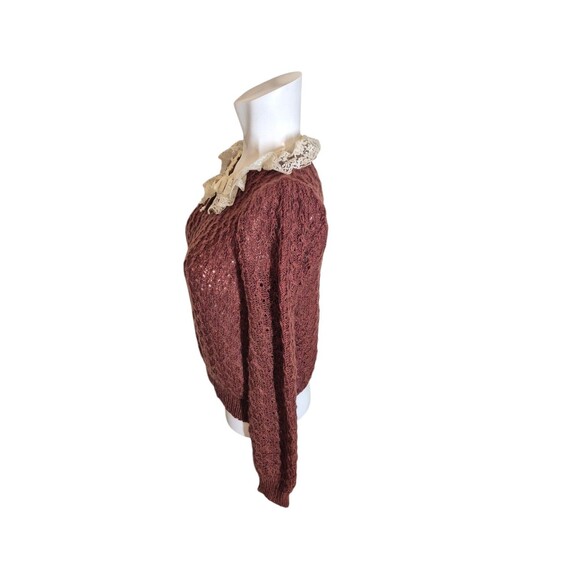 Vintage Boho 70s Sweater Open Knit Lace Collared Sweater Brown Sz XS - Picture 2 of 4